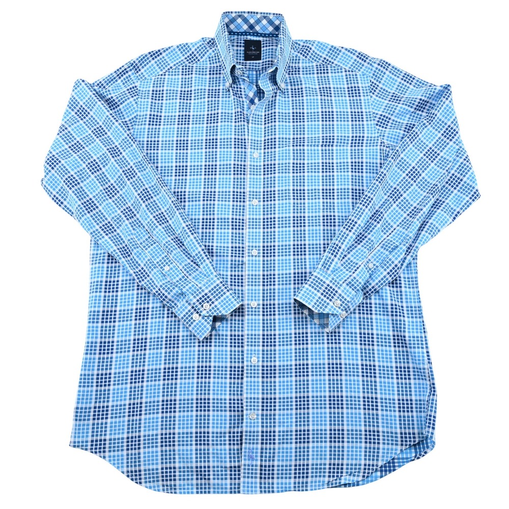 Tailorbyrd Collection Mens LT Blue Plaid Button Down Shirt Flamingo Logo Cotton